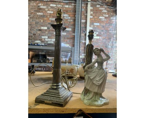 TWO ITEMS  - A SILVER PLATED CORINTHIAN COLUMN TABLE LAMP AND A LLADRO STYLE FIGURAL LAMP 