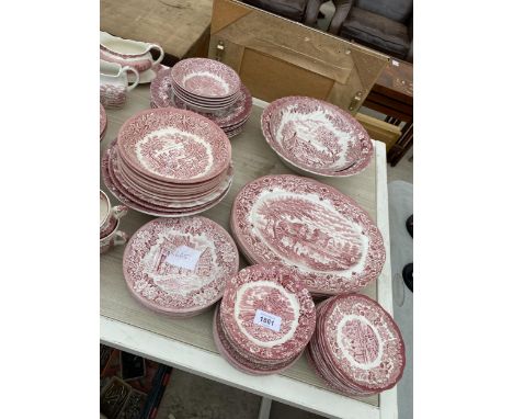 A LARGE QUANTITY OF RED AND WHITE CERAMIC DINNER SERVICE ITEMS 