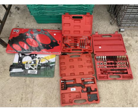 AN ASSORTMENT OF CASED TOOLS TO INCLUDE A THREAD MASTER KIT AND A DIESEL ENGINE TIMING KIT ETC 