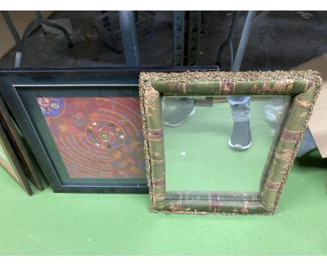 TWO FRAMED ITEMS - SILK EFFECT FRAMED MIRROR AND TAPESTRY 