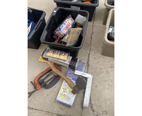 AN ASSORTMENT OF TOOLS TO INCLUDE G CLAMPS, AN AXE AND DRILL BITS ETC 