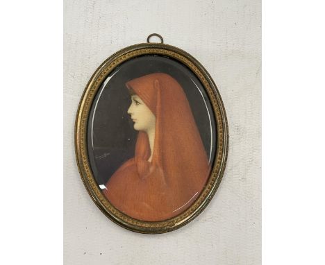 AN OVAL FRAMED HAND PAINTED PORTRAIT MINIATURE, SIGNED, LENGTH 9CM 