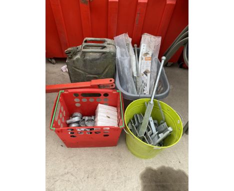 A LARGE ASSORTMENT OF ITEMS TO INCLUDE GALVANISED GATE HINGES AND FITTINGS AND A JERRY CAN ETC 