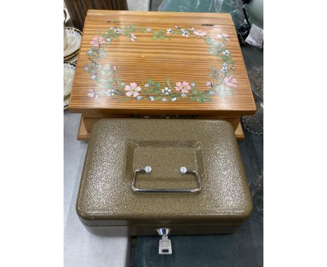 A PINE STATIONERY BOX WITH FLORAL PATTERN PLUS A VINTAGE CASH BOX 