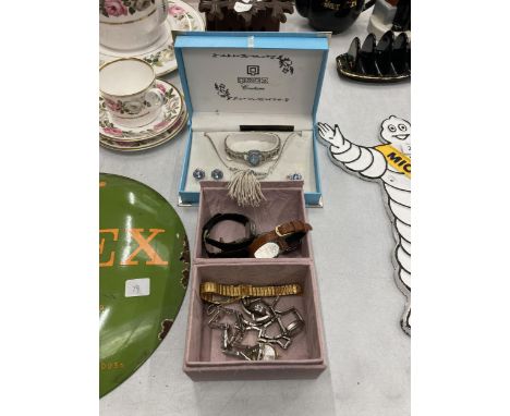 A QUANTITY OF WATCHES PLUS A BOXED WATCH, NECKLACE, EARRINGS AND RING SET 
