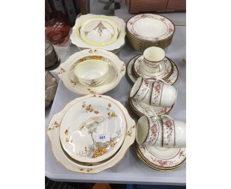 A QUANTITY OF NORITAKE 'BRENTLY' CHINA TEAWARE TO INCLUDE PLATES, BOWLS, CUPS AND SAUCERS , ALFRED MEAKIN SERVING BOWLS PLUS 