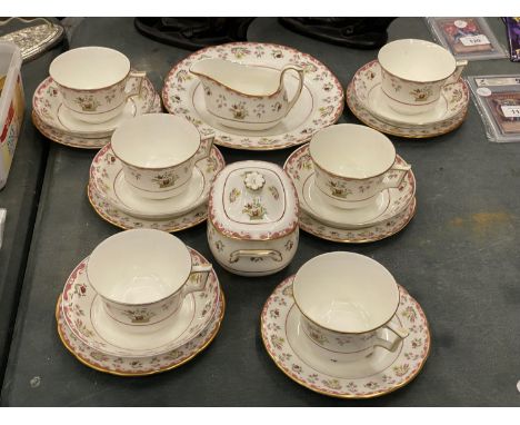 A WEDGWOOD 'BIANCA' PART TEASET TO INCLUDE A CAKE PLATE, SUGAR BOWL, CREAM JUG, CUPS, SAUCERS AND SIDE PLATES 