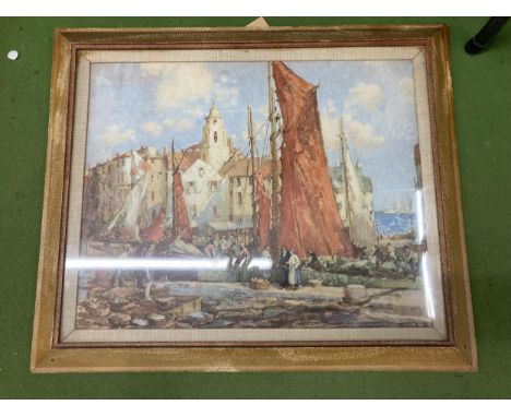 A LARGE GILT FRAMED PRINT OF A BOATING SCENE, UNSIGNED 