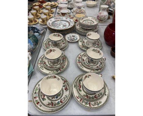 A QUANTITY OF JOHNSON BROS 'INDIAN TREE' PATTERN TEAWARE TO INCLUDE VARIOUS SIZED PLATES, BOWLS, CUPS, SAUCERS AND SIDE PLATE
