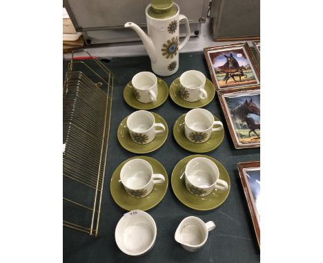 A H &amp; G MEAKIN 1950'S RETRO COFFEE SET TO INCLUDE A COFFEE POT, CREAM JUG, SUGAR BASIN, SIX CUPS AND SAUCERS 