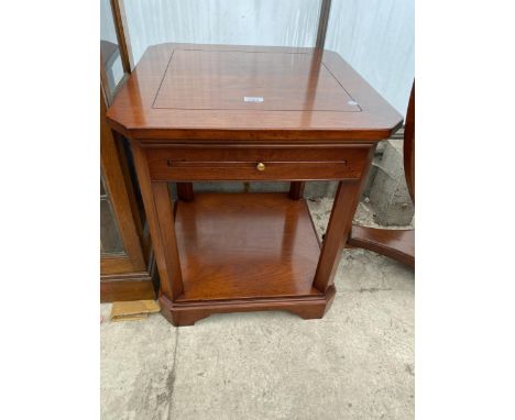 A MODERN HARDWOOD TWO TIER LAMP TABLE WITH CANTED CORNERS AND SLIDE, 22" SQUARE 