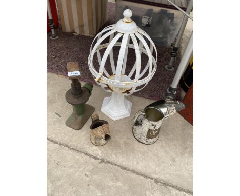 TWO VINTAGE OIL JUGS, A METAL CAGE PLANTER AND A BOTTLE JACK 