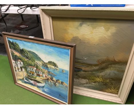 TWO FRAMED OIL PAINTINGS OF A SEASCAPE AND HARBOUR SCENE 