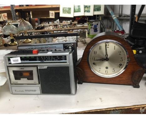 A VINTAGE G. E. C. RADIO, SOUNDMASTER CASSETTE RADIO AND A MAHOGANY CASED MANTLE CLOCK WITH PENDULUM 