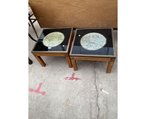 A PAIR OF LOW LAMP TABLES, THE TOPS INSET WITH WORLD MAPS, 18" SQUARE, WITH BRASS EDGES 
