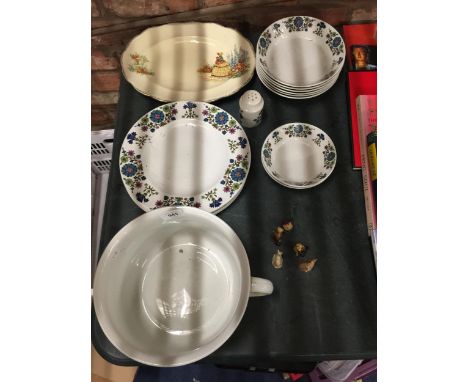 A VINTAGE STAFFORDSHIRE CHAMBER POT, A QUANTITY OF MIDWINTER PLATES AND BOWLS, WADE WHIMSIES, ETC 