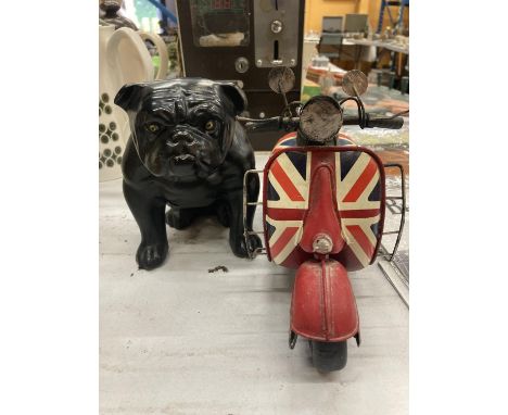 A METAL UNION JACK SCOOTER MODEL PLUS A BLACK CERAMIC BULLDOG 