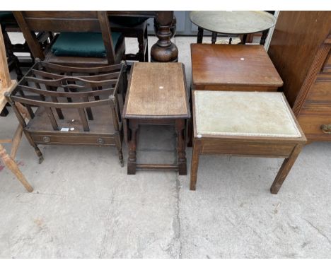AN EDWARDIAN PIANO STOOL, VICTORIAN BOX COMMODE, REPRODUCTION CANTERBURY AND SMALL OAK DROP-LEAF TABLE 