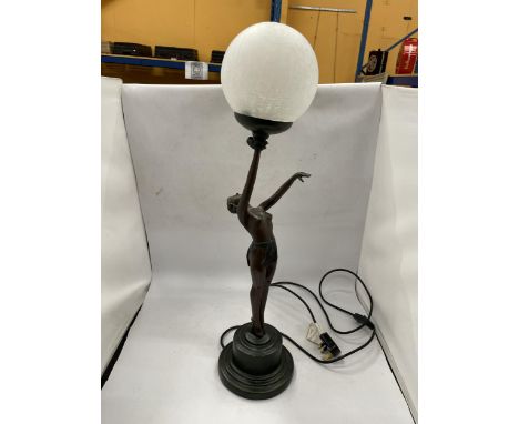 AN ART DECO STYLE NUDE LADY RESIN LAMP WITH ORB GLASS SHADE, ARM A/F 