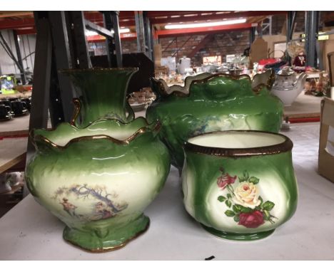 A GROUP OF FOUR VINTAGE POTTERY ITEMS, TWO PLANTERS, VASE AND A POT 