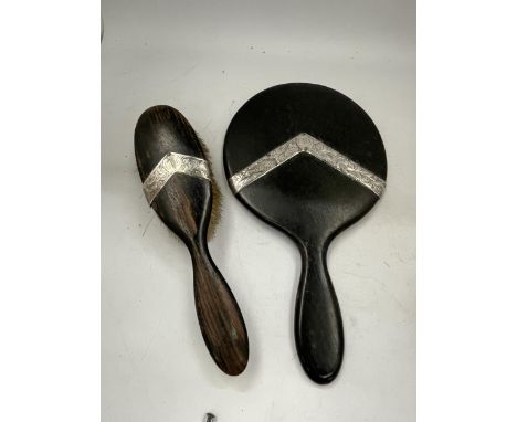 TWO VINTAGE EBONY EFFECT WOODEN DRESSING TABLE ITEMS WITH HALLMARKED SILVER BANDING 