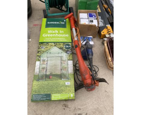 AN ASSORTMENT OF ITEMS TO INCLUDE A BOXED GREENHOUSE, AN ELECTRIC GRASS STRIMMER AND LIGHT FITTINGS ETC 