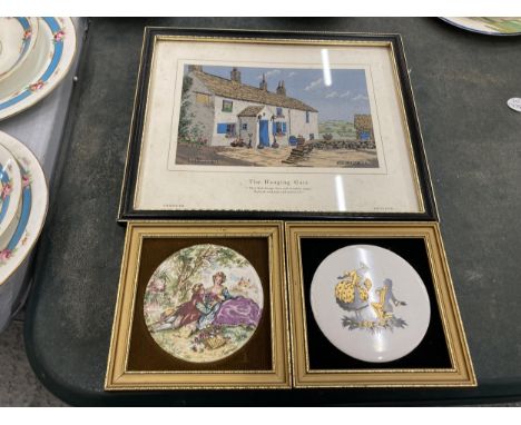 A MACCLESFIELD SILK 'THE HANGING GATE', PLUS TWO STAFFORDSHIRE CERAMIC PLAQUES 