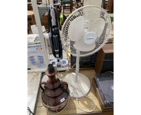 AN ASSORTMENT OF ITEMS TO INCLUDE A FAN AND A LAMP ETC 