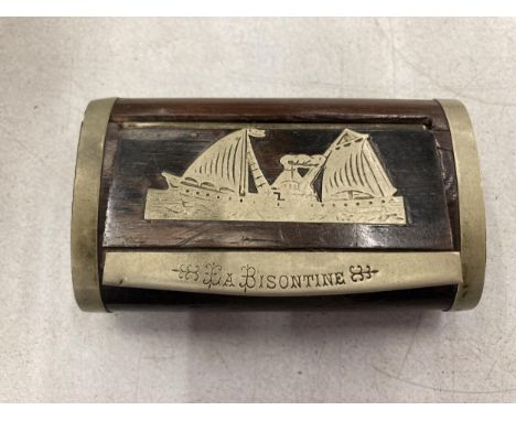 A VINTAGE BISONTINE WOODEN AND METAL BOUND SNUFF BOX 