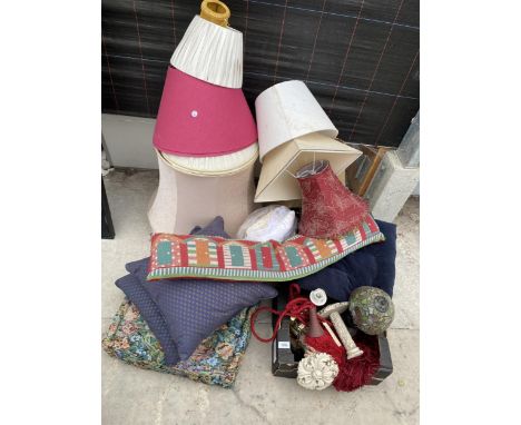 AN ASSORTMENT OF ITEMS TO INCLUDE CUSHIONS AND LIGHT SHADES ETC 