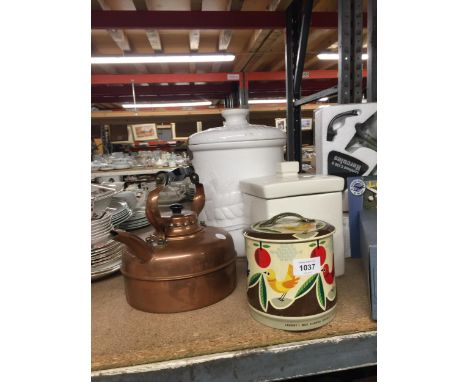 A VINTAGE COPPER KETTLE - HANDLE A/F, VINTAGE CADBURY'S BISCUITS TIN PLUS TWO CERAMIC STORAGE JARS 