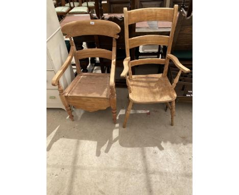 A LATE VICTORIAN BEECH FRAMED FARMHOUSE CHAIR AND COMMODE CHAIR 