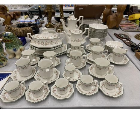 A JOHNSON BROS 'ETERNAL BEAU' DINNER SERVICE TO INCLUDE PLATES, BOWLS, SERVING PLATES, A TUREEN, TEA AND COFFEE POTS, SAUCE B