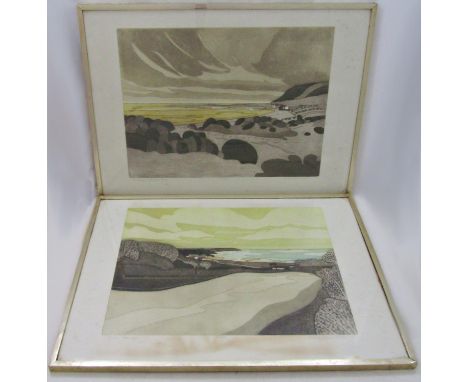 John Brunsdon (1933-2014) - 'Gower Seascape' and 'Dunes at Porteynon Bay', both signed, limited 21/150 and 22/150 colour etch