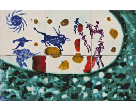 In the manner of Salvador Dali - A bull fighting scene, painted on six ceramic tiles, 31 x 46cm in total, stuck to a frame 