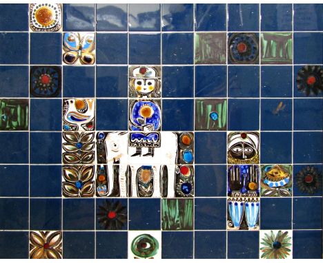 20th century Danish school - A ceramic tile picture of a girl sat on an elephant with attendant, flowers, birds and butterfli