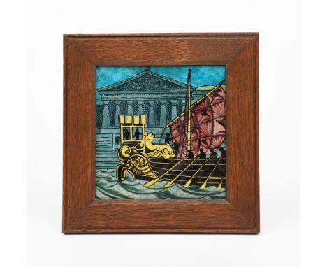 A William De Morgan 'Persian' Galleon tile on Poole Pottery Architectural blank,  painted with the stern of a manned warship 