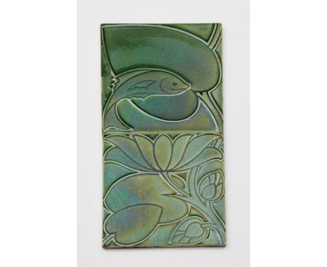 A Pilkington's Lancastrian Fish and Leaf two tile panel designed by Charles Francis Annesley Voysey, dust pressed with a fish