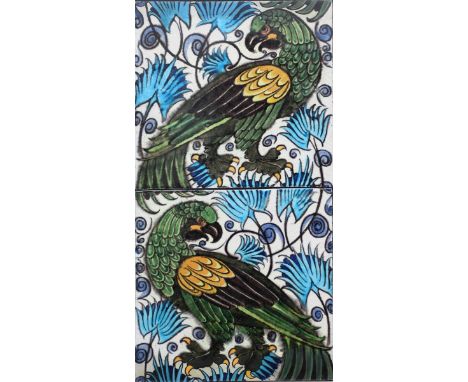 A pair of William De Morgan Sands End Pottery Persian large tiles,  each painted with a bird of prey amidst scrolling foliage