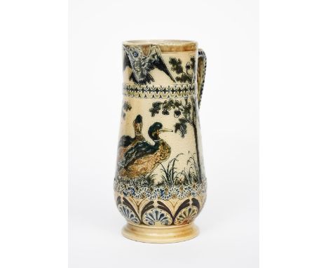 A Martin Brothers Pottery stoneware jug by Robert Wallace Martin, dated 1882, footed, tapering cylindrical form with angular 