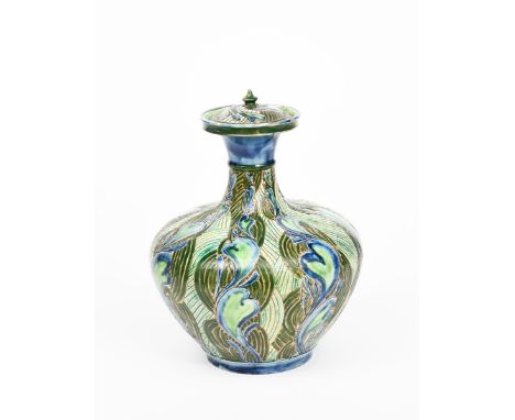 A Della Robbia Pottery Small Dutch vase and cover by Ruth Bare, ovoid with cylindrical neck and flaring rim, with flat domed 