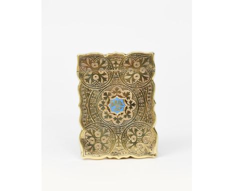 A Gothic Revival Hillard and Thomason silver gilt and enamel card case, dated 1851, shaped rectangular section engraved with 