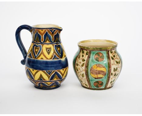 A Della Robbia Pottery jug by John Fogo,  painted with bands of heart-shaped geometric decorated inbetween foliage borders, i