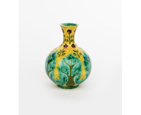 A Della Robbia bottle vase by Violet Woodhouse, ovoid with flaring cylindrical neck, painted with large leaf frieze below sma