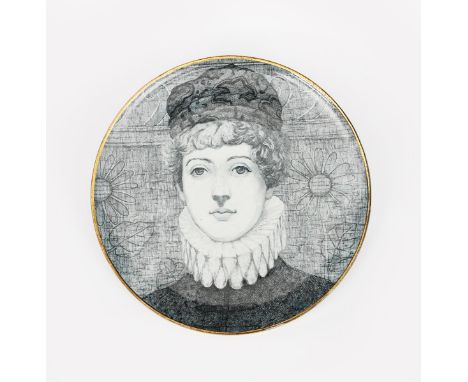 An Aesthetic Movement Ashworth Pottery charger, printed in black and white with a portrait of Ellen Terry as Portia in The Me