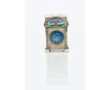 A good Liberty &amp; Co Cymric silver and enamel carriage clock designed by David Veasey, model no.50039,  rectangular, foote