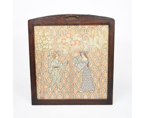A silk embroidered panel,  depicting a medieval king meeting a maiden in a woodland setting, the maiden with flower headdress