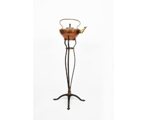 A WAS Benson copper and wrought iron kettle on stand, model no.790, wrought iron stand on cruciform foot, the copper and bras