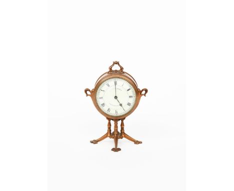 A rare WAS Benson mantle clock designed by WAS Benson, model no.2090, the drum case with foliate tendrils and finial, on four