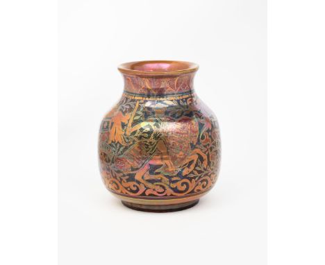 A Pilkington's Lancastrian Pottery vase by Richard Joyce, shouldered cylindrical form, painted with a mounted Knight sword ra